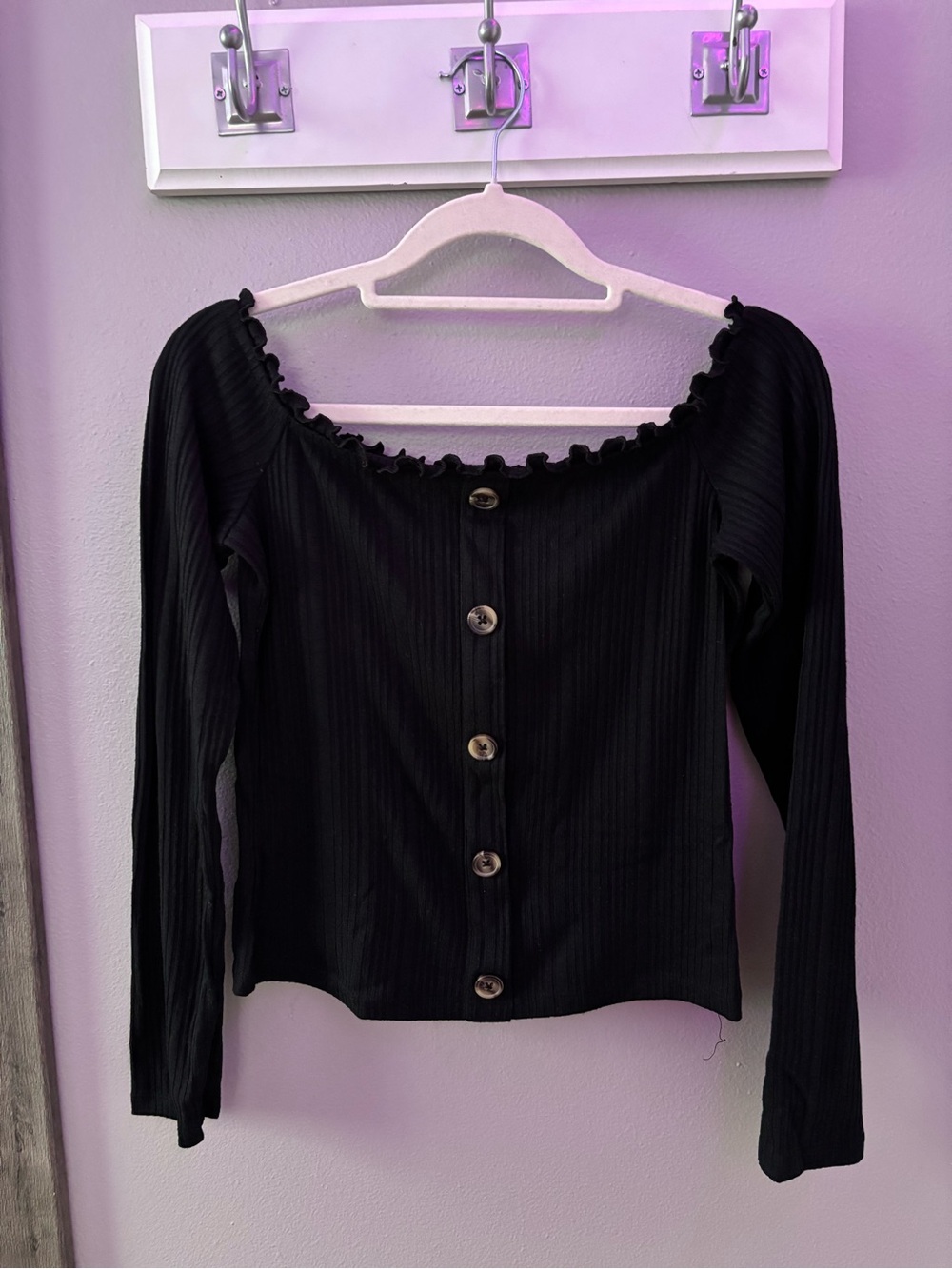 AERO Ribbed Off-Shoulder Button-Front Long Sleeve Top - Black